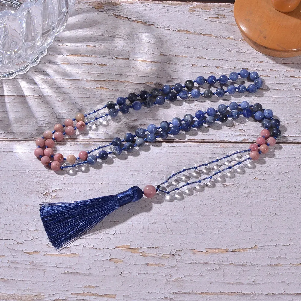 8mm Sodalite Rhodolite Beads Knotted 108 Mala Necklace Meditation Yoga Prayer Rosary