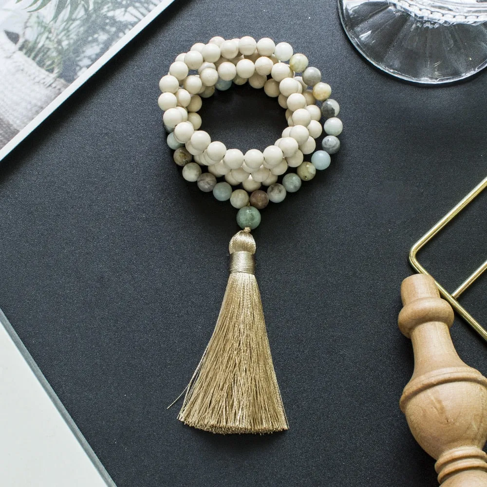8mm White Fossil Amazonite 108 Mala Beads Necklace Meditation Yoga Japamala Jewelry