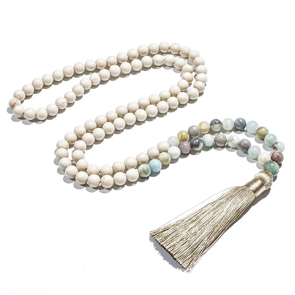 8mm White Fossil Amazonite 108 Mala Beads Necklace Meditation Yoga Japamala Jewelry