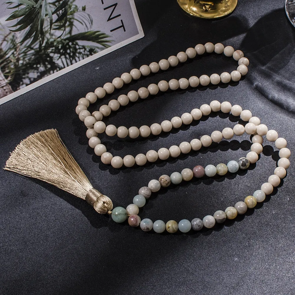 8mm White Fossil Amazonite 108 Mala Beads Necklace Meditation Yoga Japamala Jewelry