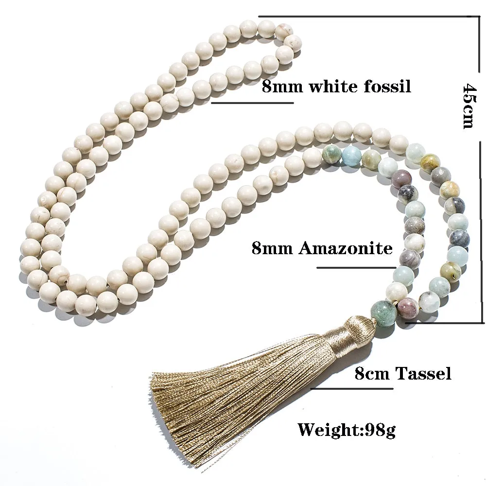 8mm White Fossil Amazonite 108 Mala Beads Necklace Meditation Yoga Japamala Jewelry
