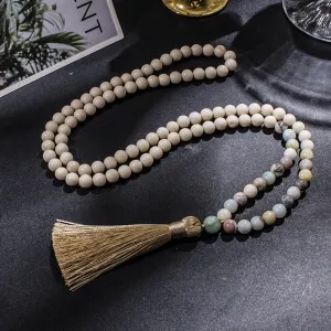 8mm White Fossil Amazonite 108 Mala Beads Necklace Meditation Yoga Japamala Jewelry