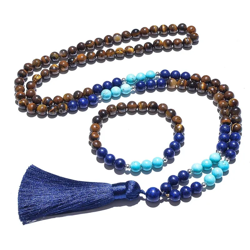 8mm Yellow Tiger Eyes Lapis Lazuli Blue Turquoise Beaded Necklace Meditation Yoga Jewelry Set