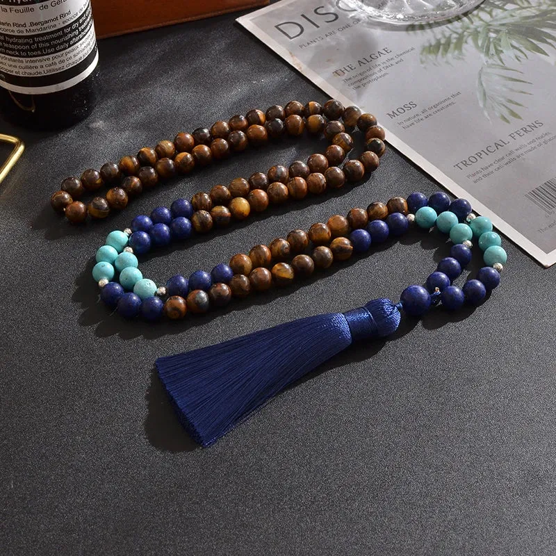 8mm Yellow Tiger Eyes Lapis Lazuli Blue Turquoise Beaded Necklace Meditation Yoga Jewelry Set