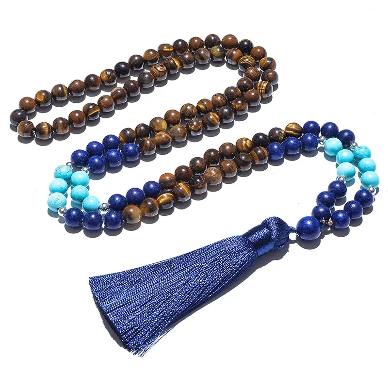 8mm Yellow Tiger Eyes Lapis Lazuli Blue Turquoise Beaded Necklace Meditation Yoga Jewelry Set