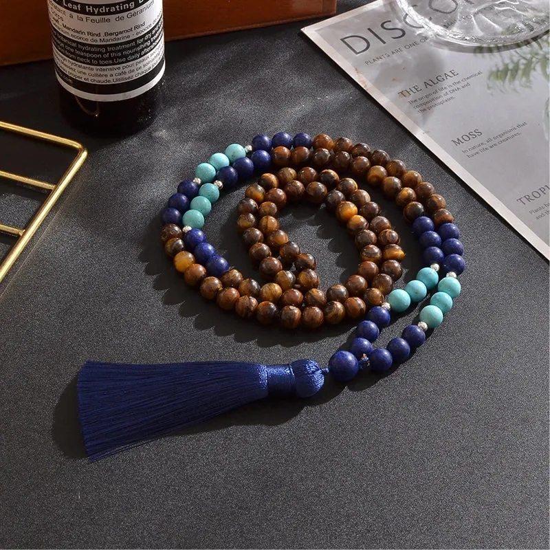 8mm Yellow Tiger Eyes Lapis Lazuli Blue Turquoise Beaded Necklace Meditation Yoga Jewelry Set