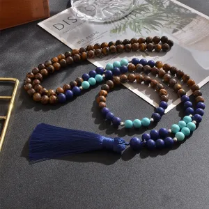 8mm Yellow Tiger Eyes Lapis Lazuli Blue Turquoise Beaded Necklace Meditation Yoga Jewelry Set