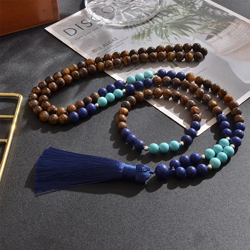 8mm Yellow Tiger Eyes Lapis Lazuli Blue Turquoise Beaded Necklace Meditation Yoga Jewelry Set