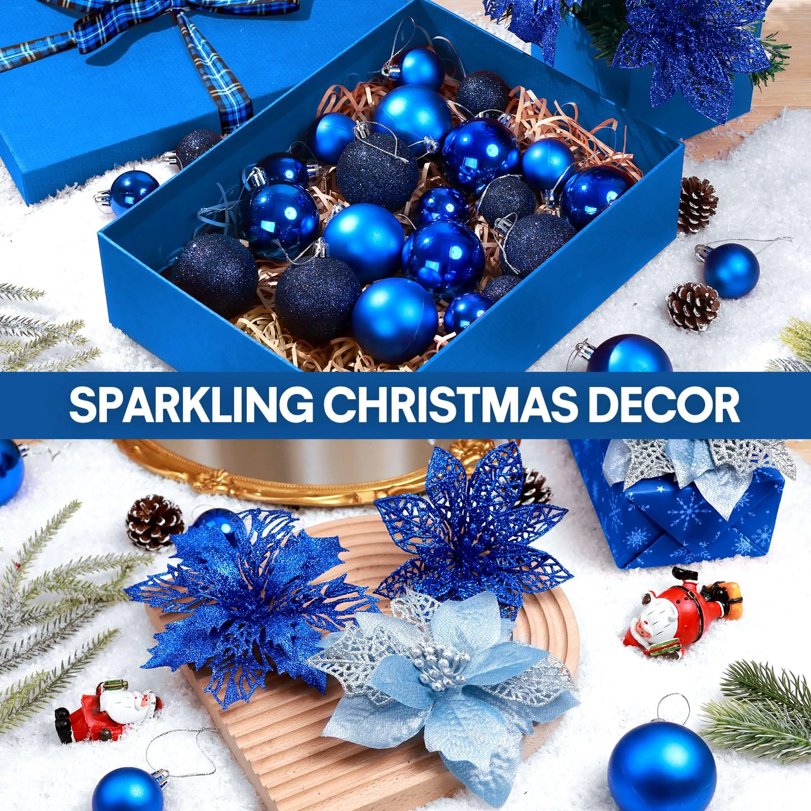 92pcs Christmas Tree Decoration Set, Christmas Ball Ornaments Bulk, Artificial Glitter Poinsettia Flowers, Hanging Crystal Snowflake Drop, Xmas Flowers for Holiday Wedding New Year Party Decor (Blue)