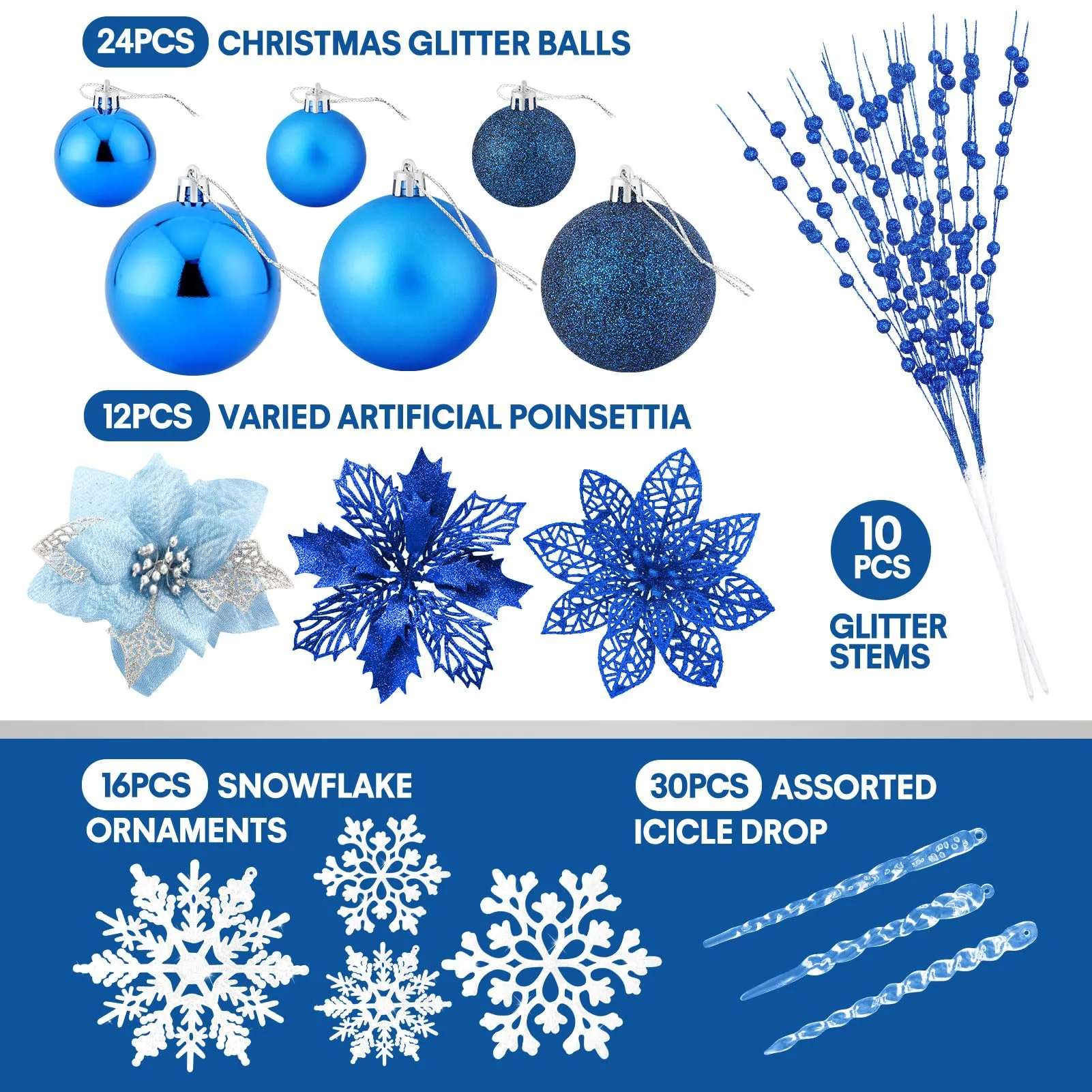 92pcs Christmas Tree Decoration Set, Christmas Ball Ornaments Bulk, Artificial Glitter Poinsettia Flowers, Hanging Crystal Snowflake Drop, Xmas Flowers for Holiday Wedding New Year Party Decor (Blue)