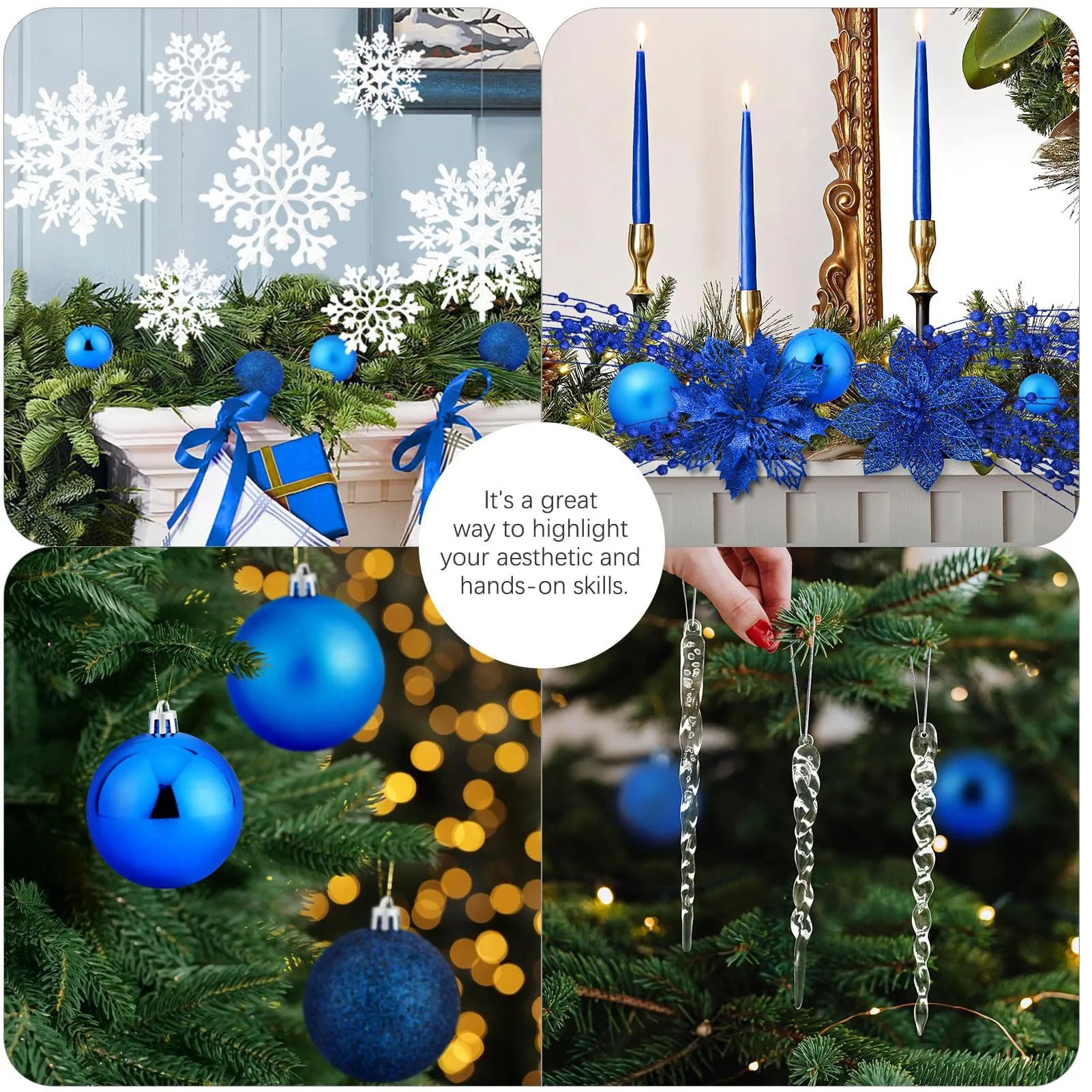 92pcs Christmas Tree Decoration Set, Christmas Ball Ornaments Bulk, Artificial Glitter Poinsettia Flowers, Hanging Crystal Snowflake Drop, Xmas Flowers for Holiday Wedding New Year Party Decor (Blue)