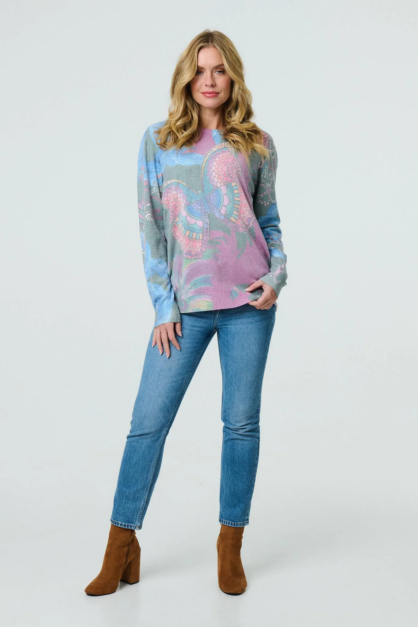 Abstract Print Stud Detail Knit Top