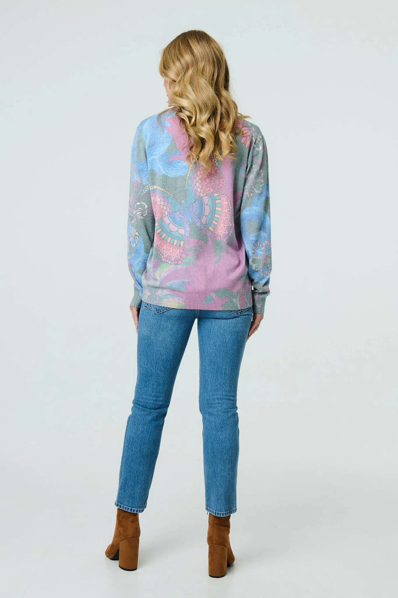 Abstract Print Stud Detail Knit Top