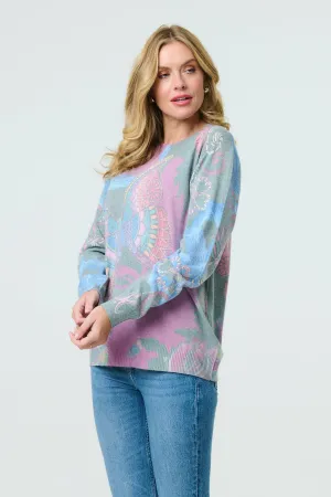 Abstract Print Stud Detail Knit Top