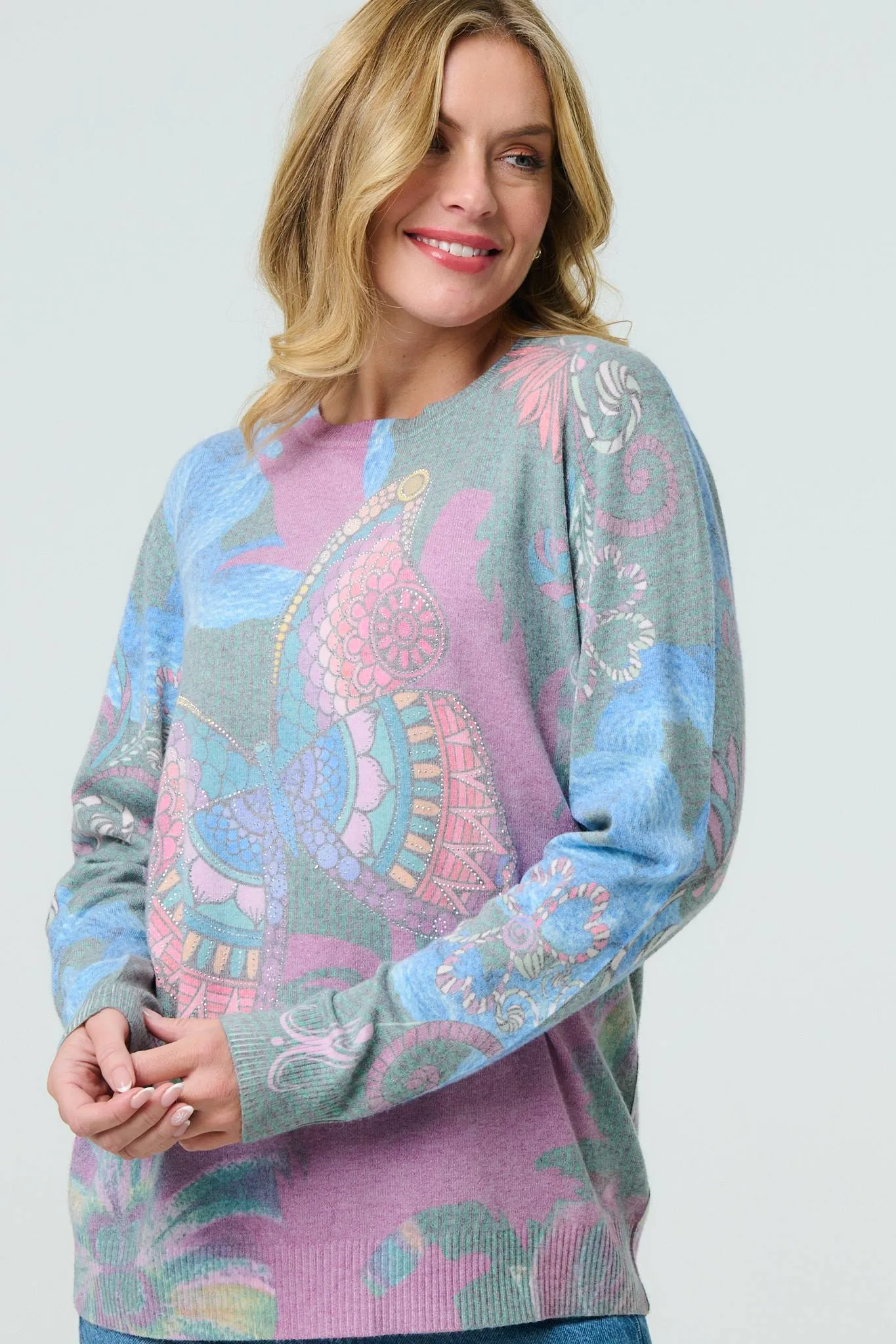 Abstract Print Stud Detail Knit Top