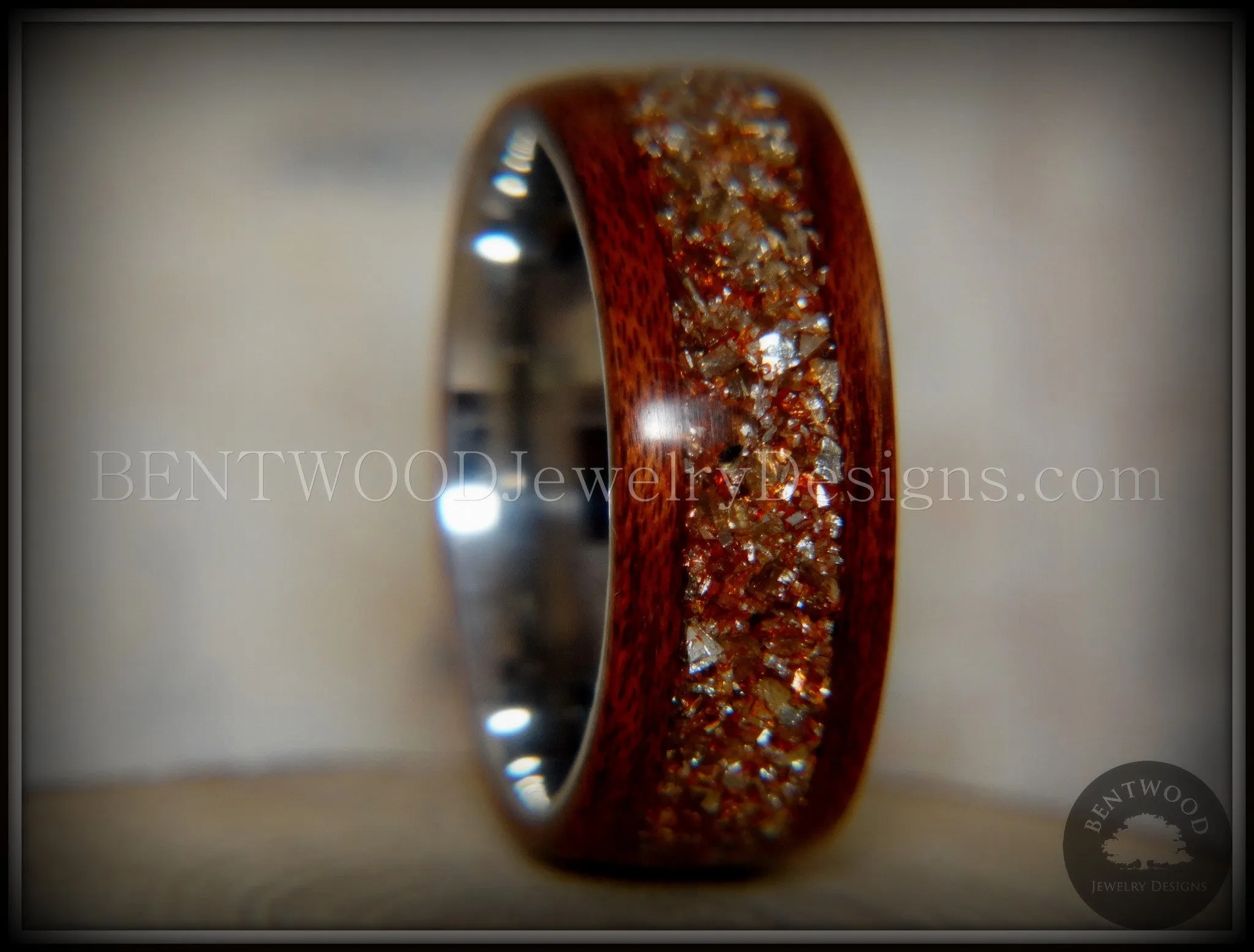 Bentwood Ring - Padauk Wood on Surgical Grade Stainless Steel Core with Amber, Bronze and Silver Glass Inlay