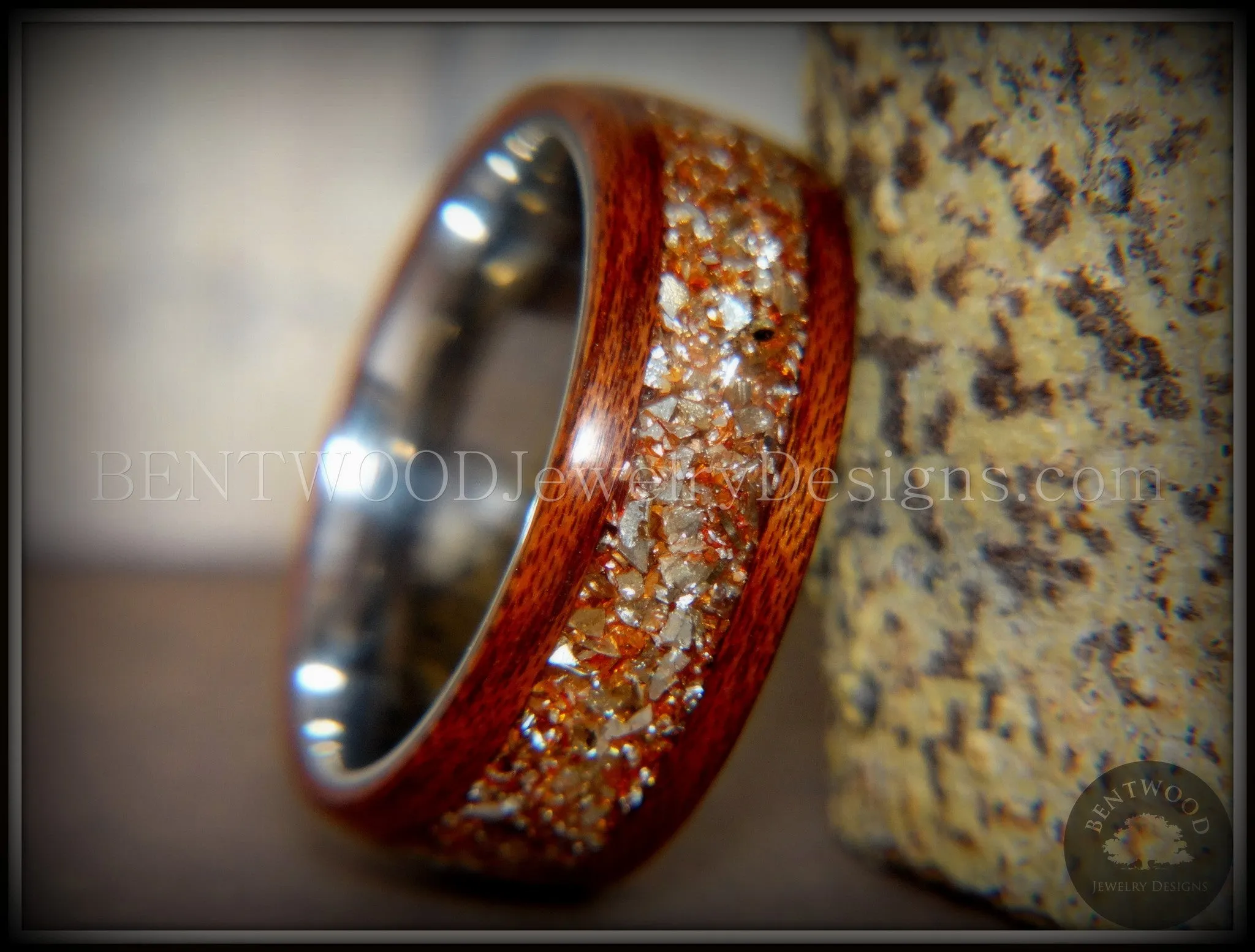 Bentwood Ring - Padauk Wood on Surgical Grade Stainless Steel Core with Amber, Bronze and Silver Glass Inlay