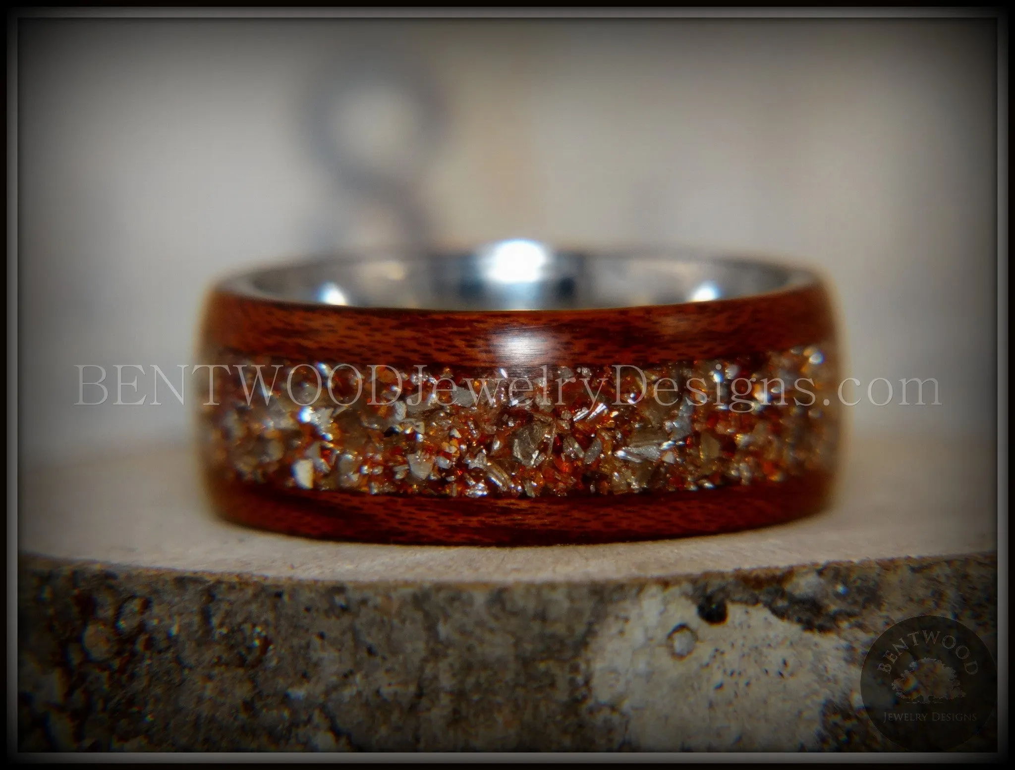 Bentwood Ring - Padauk Wood on Surgical Grade Stainless Steel Core with Amber, Bronze and Silver Glass Inlay