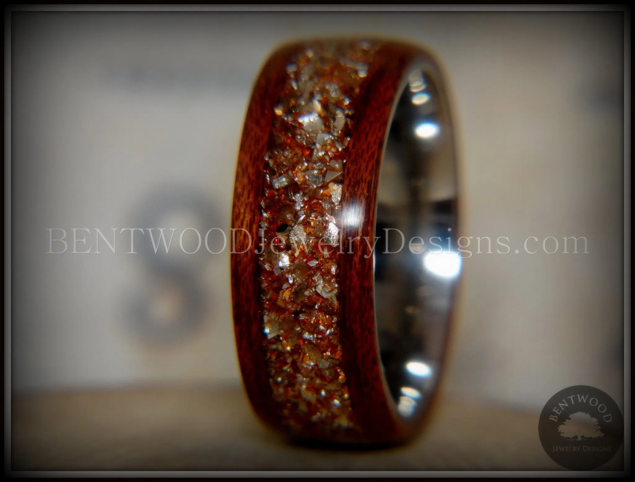 Bentwood Ring - Padauk Wood on Surgical Grade Stainless Steel Core with Amber, Bronze and Silver Glass Inlay