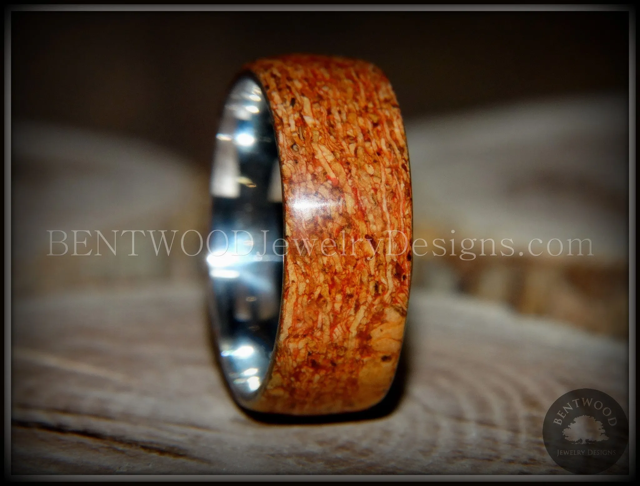 Bentwood Ring - "Figured Red" Mediterranean Oak Burl Wood Ring with Surgical Grade Stainless Steel Comfort Fit Metal Core