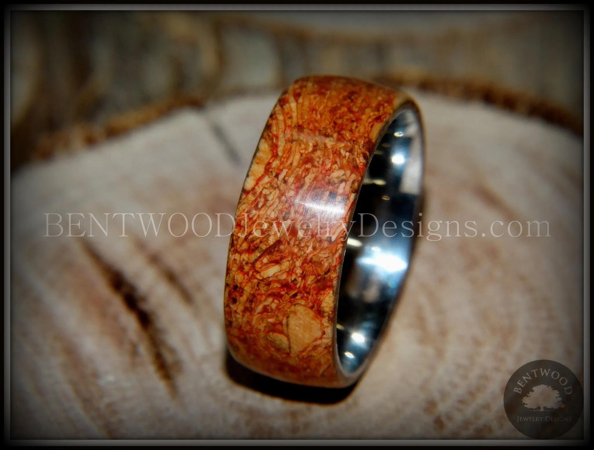 Bentwood Ring - "Figured Red" Mediterranean Oak Burl Wood Ring with Surgical Grade Stainless Steel Comfort Fit Metal Core