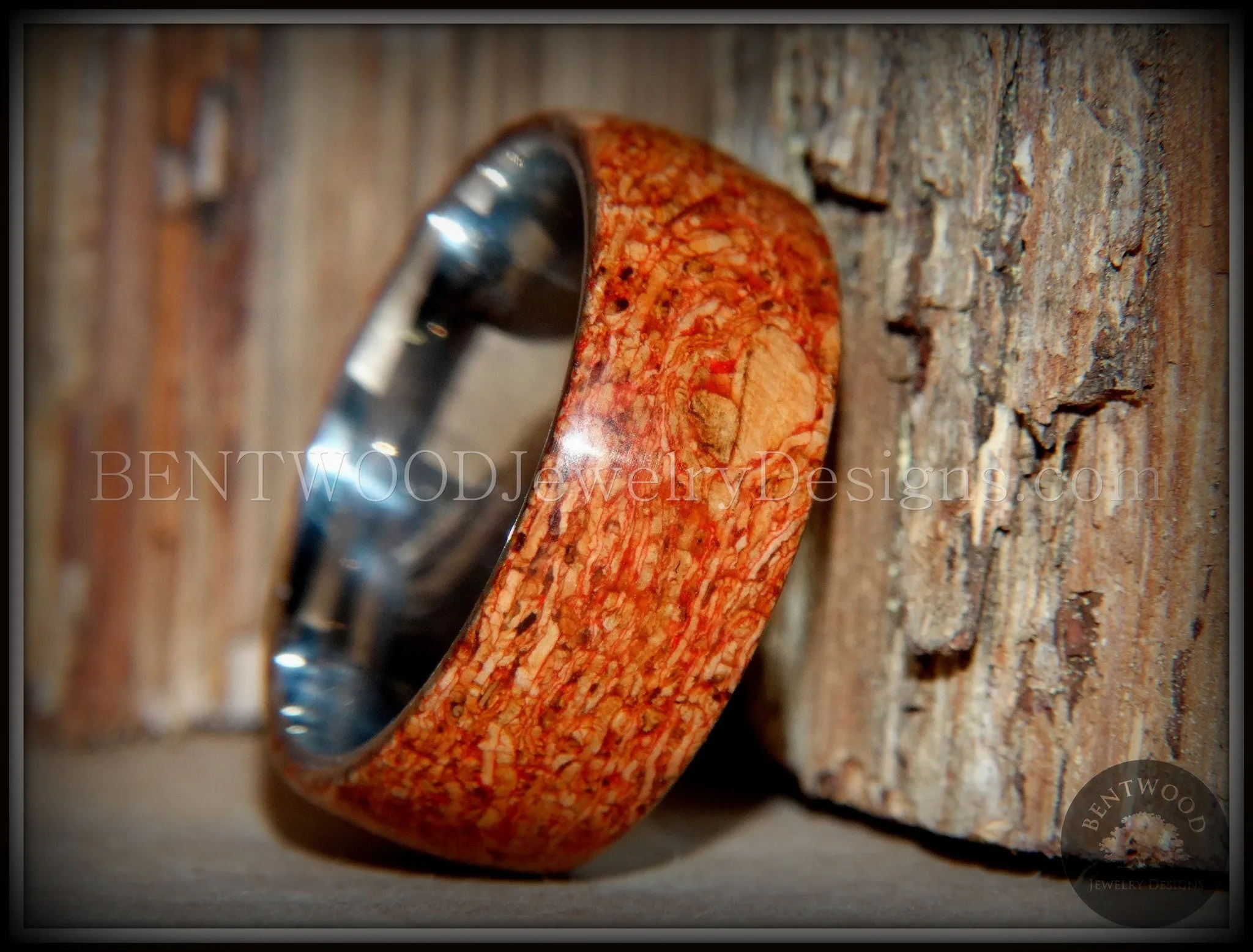 Bentwood Ring - "Figured Red" Mediterranean Oak Burl Wood Ring with Surgical Grade Stainless Steel Comfort Fit Metal Core