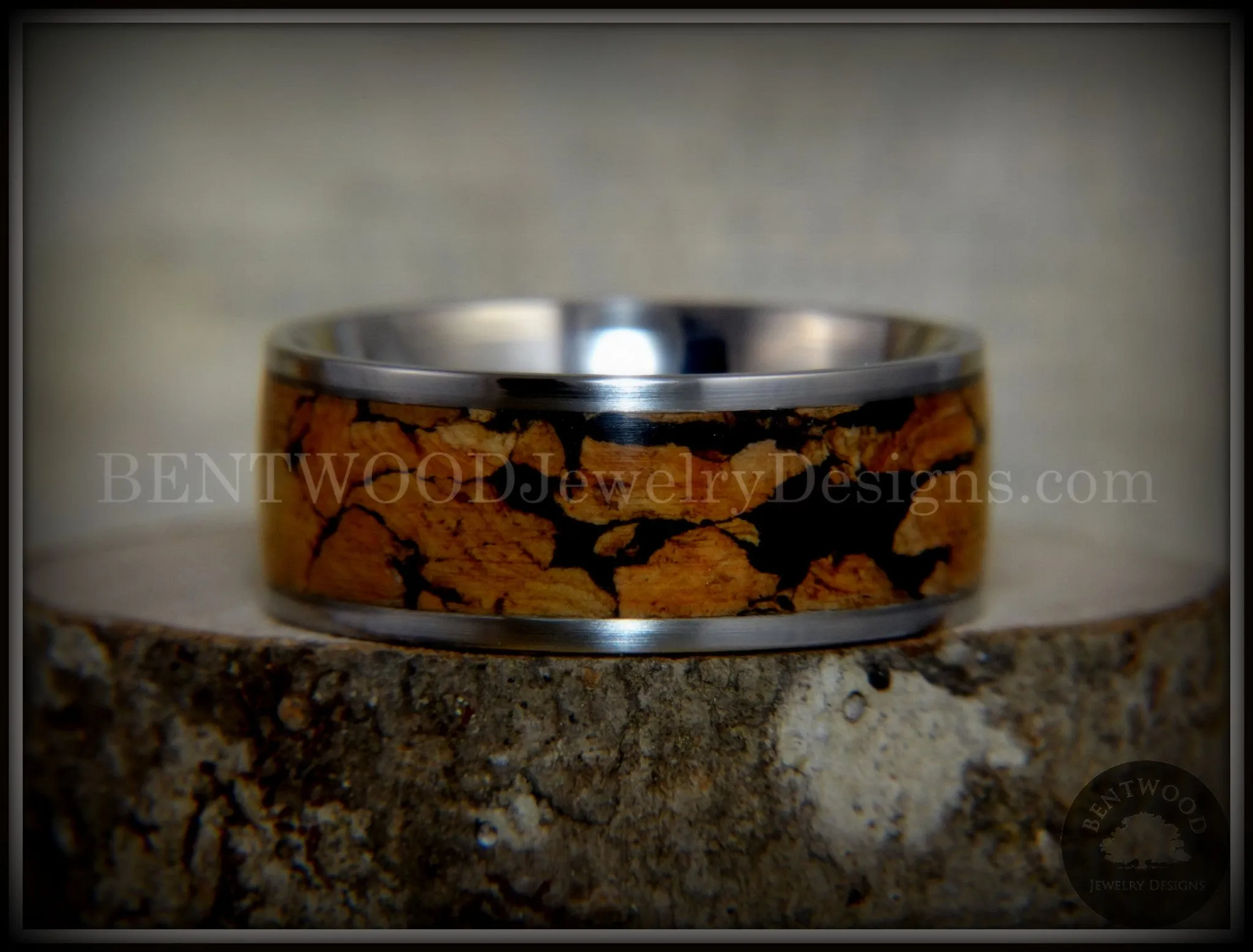 Bentwood Ring - "Figured Spalting" Rare Mediterranean Oak Wood Ring with Surgical Grade Stainless Steel Comfort Fit Metal Core