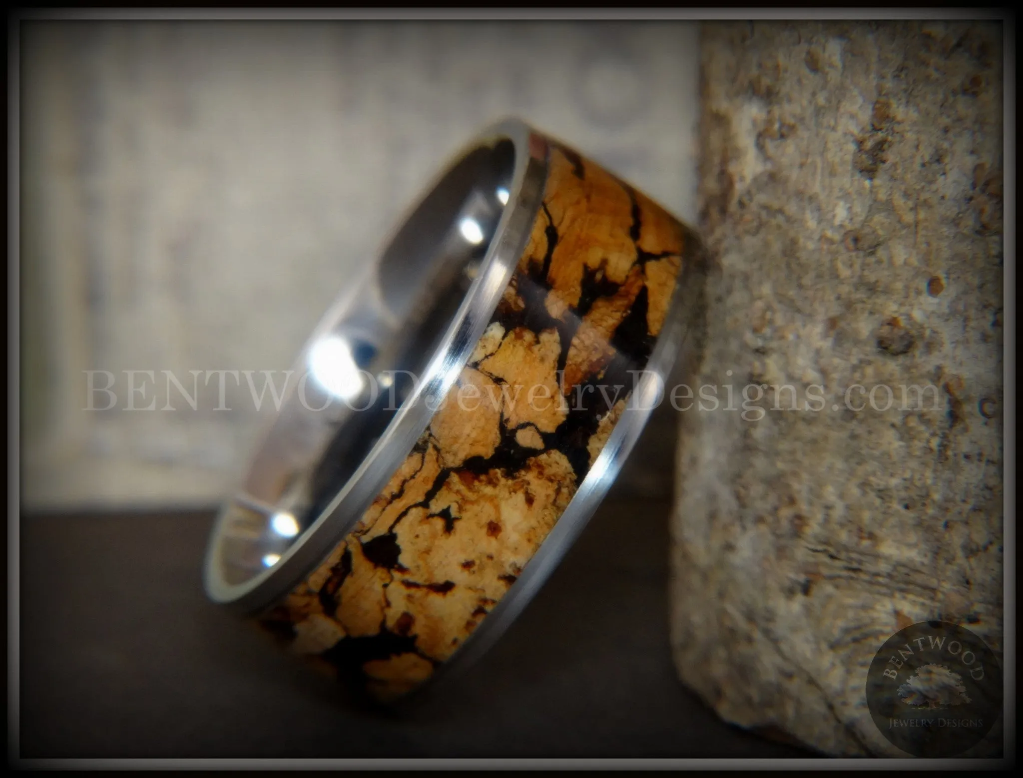 Bentwood Ring - "Figured Spalting" Rare Mediterranean Oak Wood Ring with Surgical Grade Stainless Steel Comfort Fit Metal Core