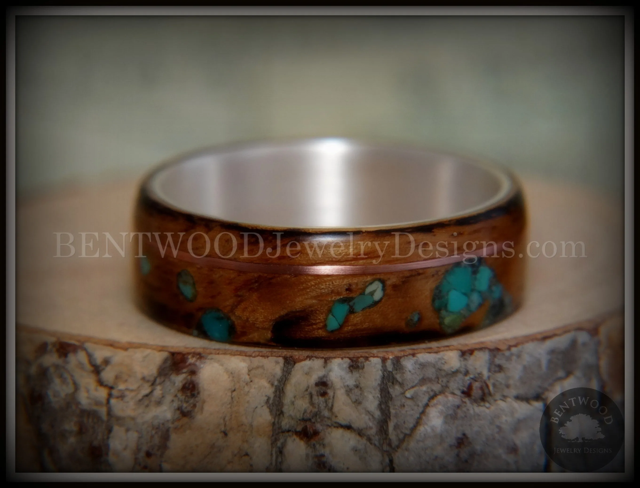 Bentwood Ring - "Random Smoky" Olivewood Silver Core with Copper and Turquoise Inlays