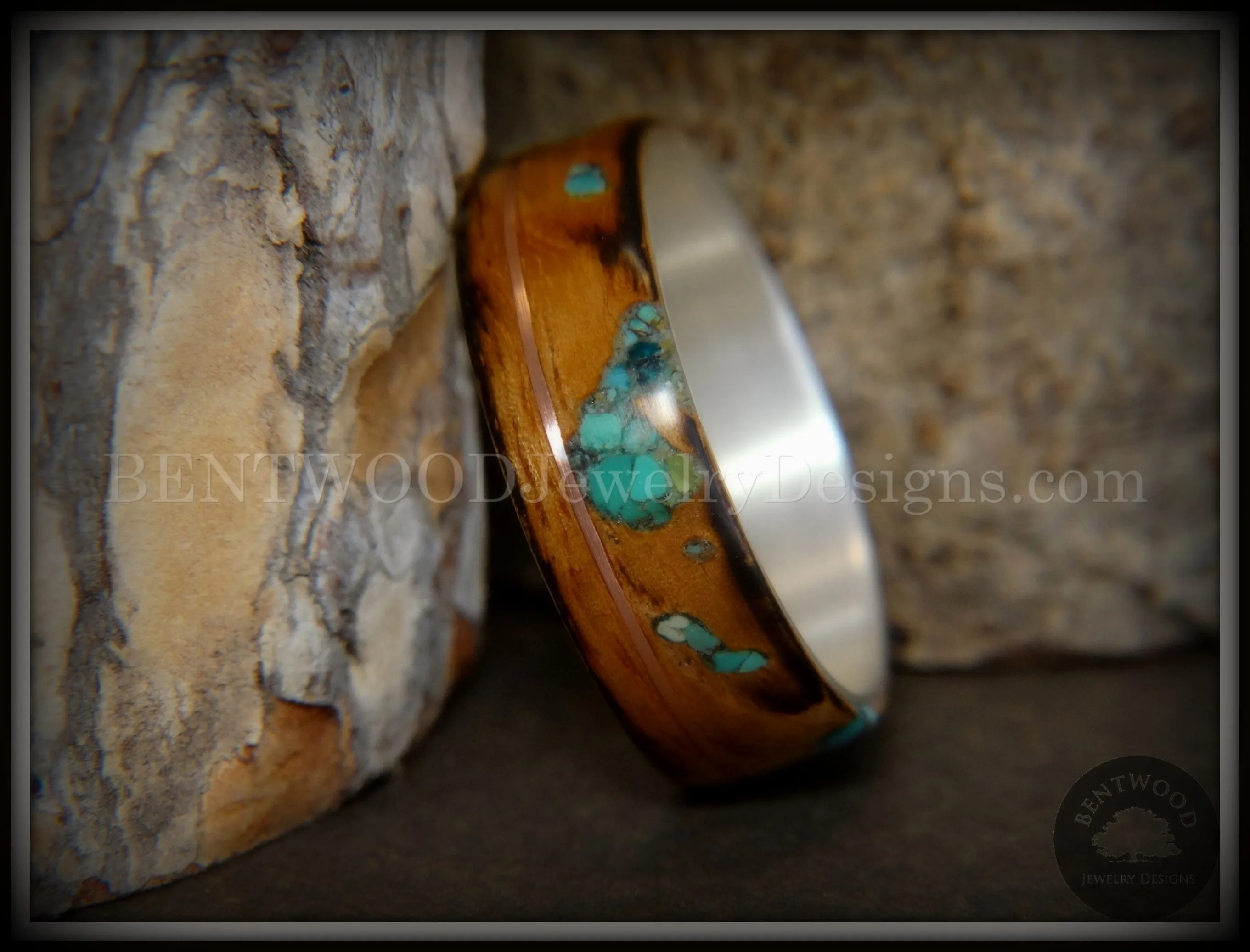 Bentwood Ring - "Random Smoky" Olivewood Silver Core with Copper and Turquoise Inlays