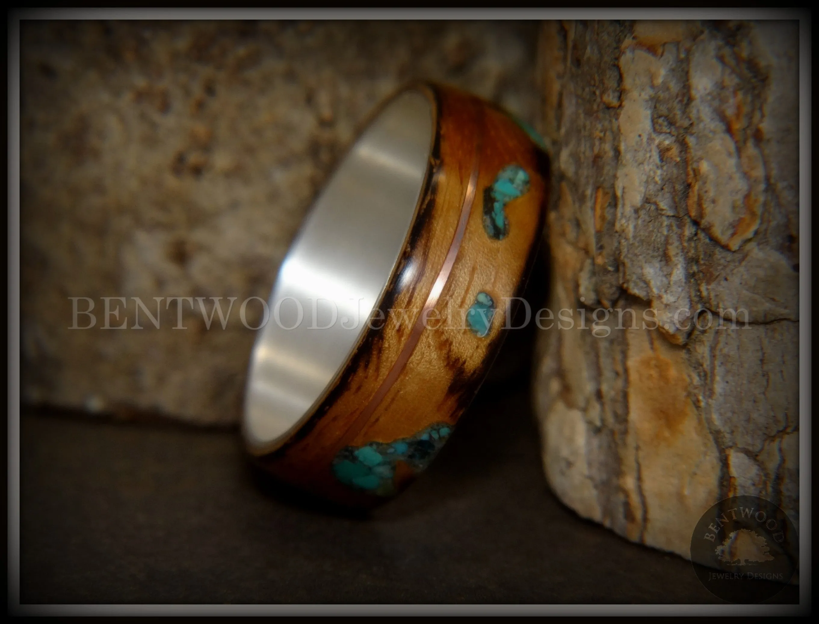 Bentwood Ring - "Random Smoky" Olivewood Silver Core with Copper and Turquoise Inlays