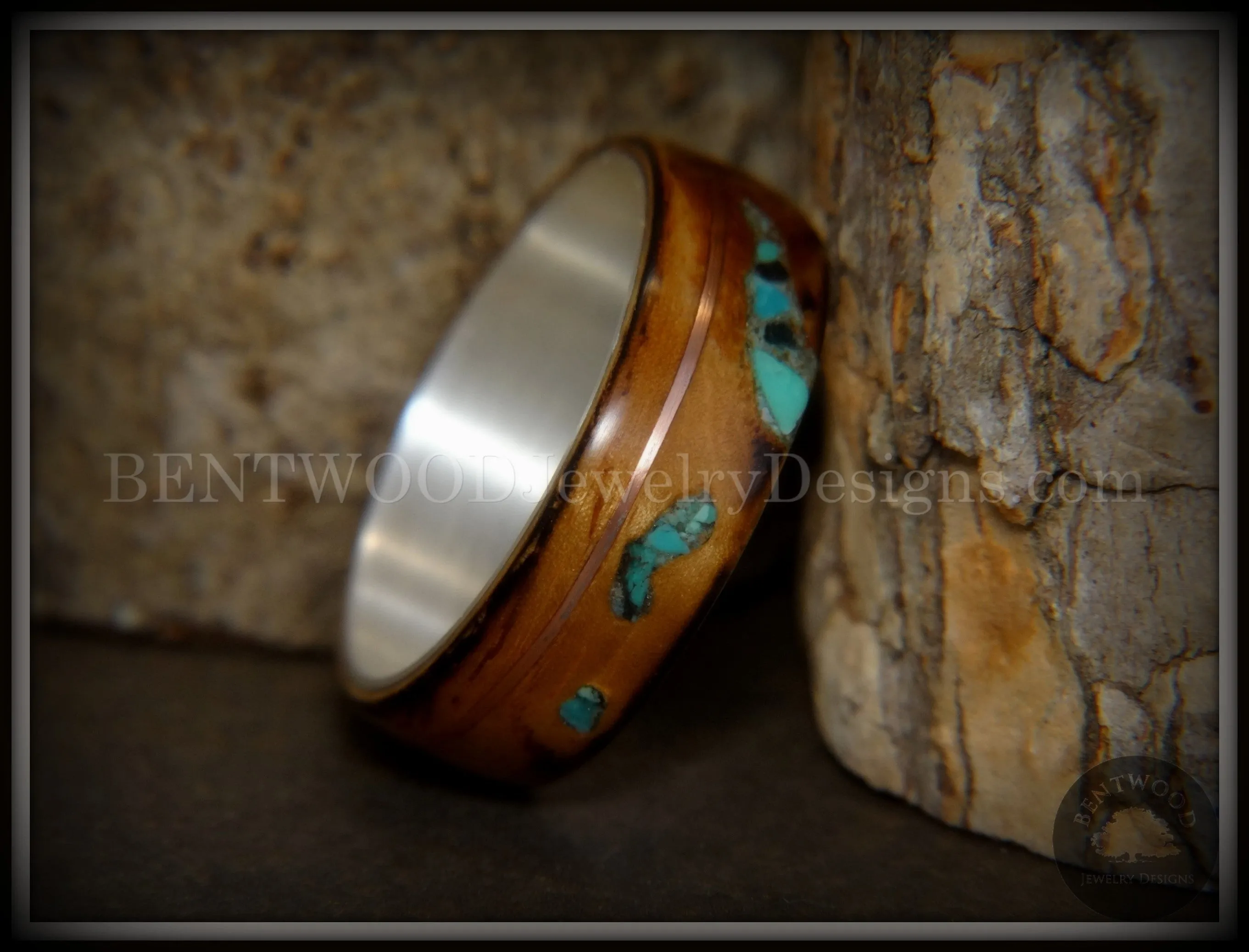 Bentwood Ring - "Random Smoky" Olivewood Silver Core with Copper and Turquoise Inlays