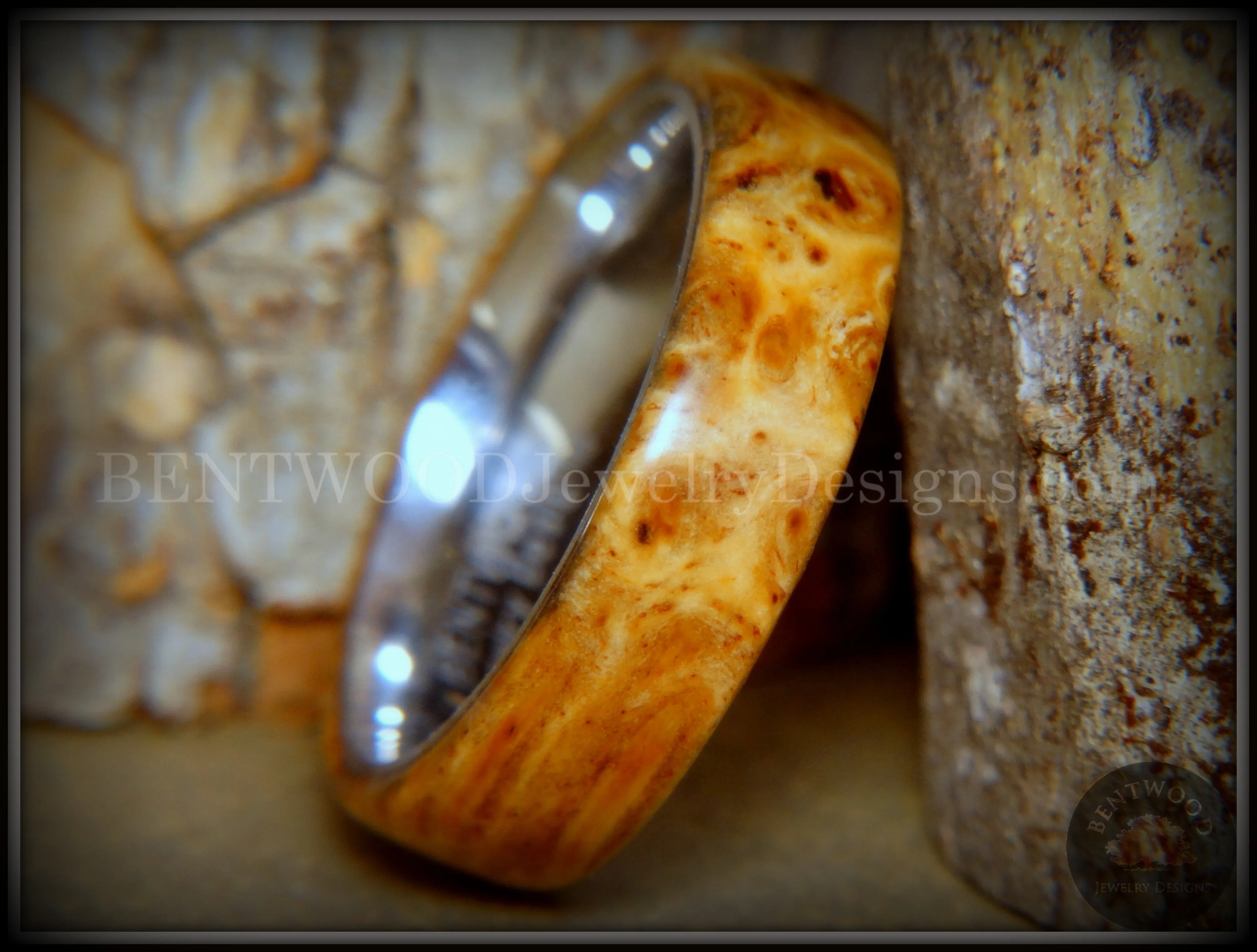 Bentwood Ring - "Rarity" Golden Light Amboyna Burl Wood Ring with Titanium Steel Comfort Fit Metal Core