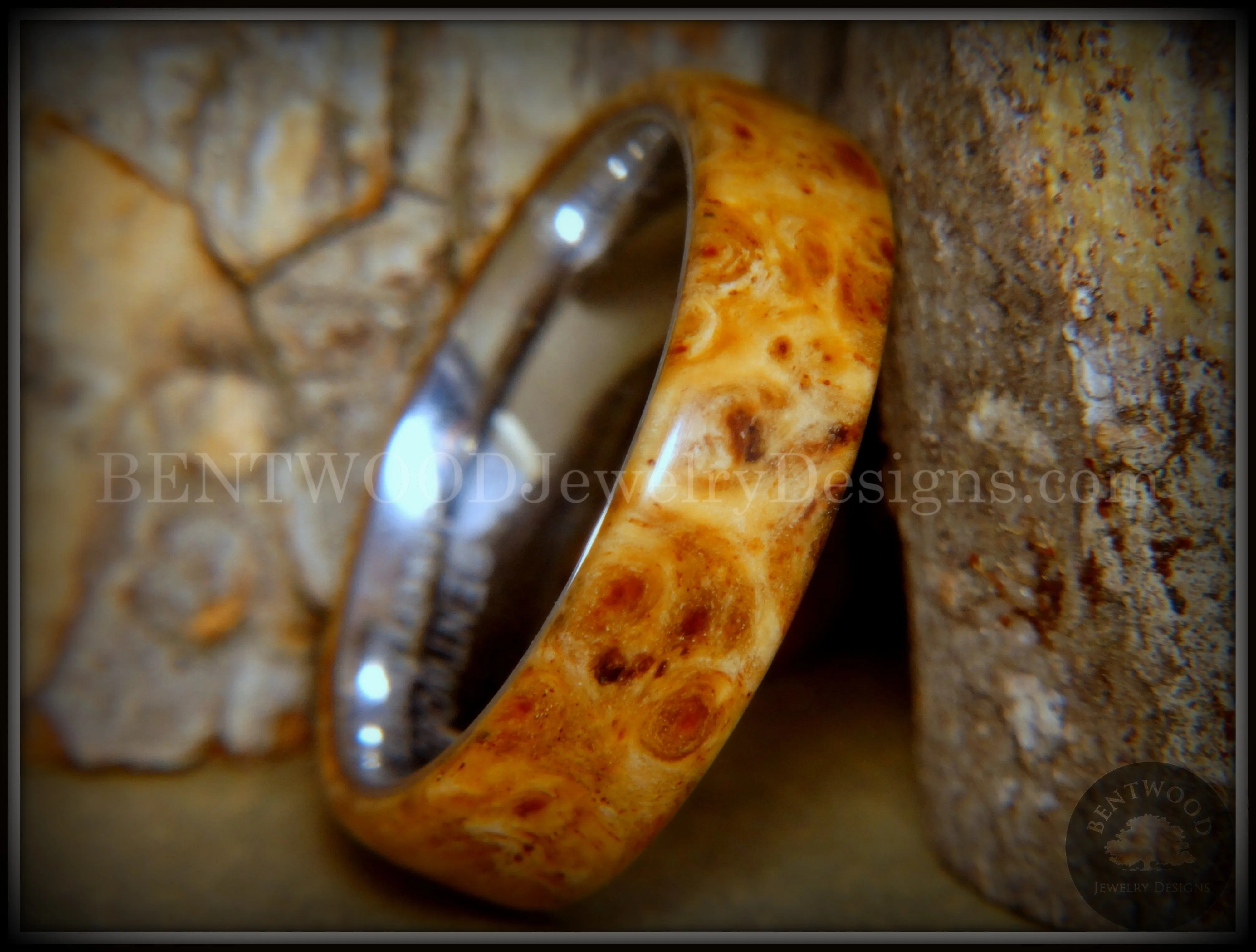Bentwood Ring - "Rarity" Golden Light Amboyna Burl Wood Ring with Titanium Steel Comfort Fit Metal Core