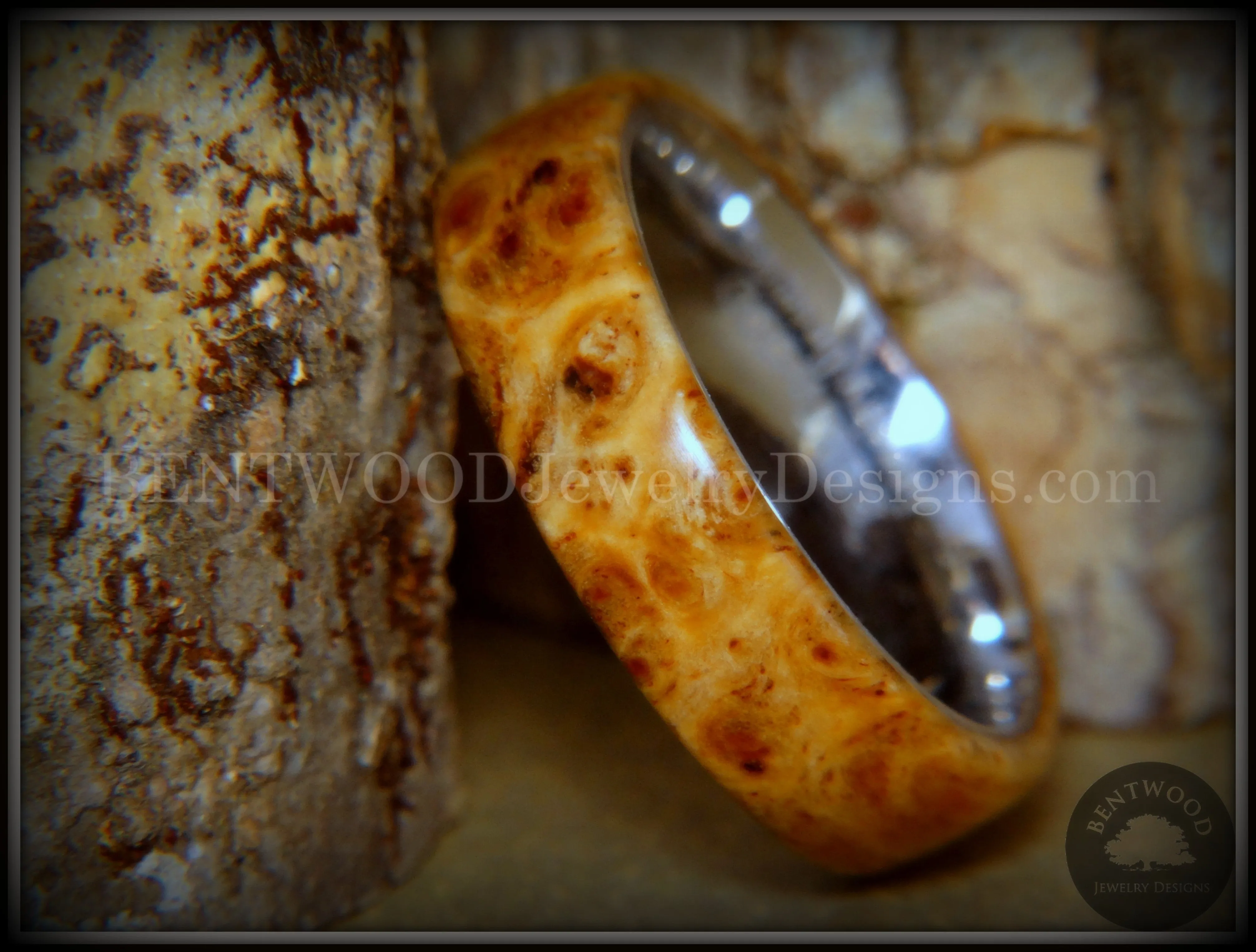 Bentwood Ring - "Rarity" Golden Light Amboyna Burl Wood Ring with Titanium Steel Comfort Fit Metal Core