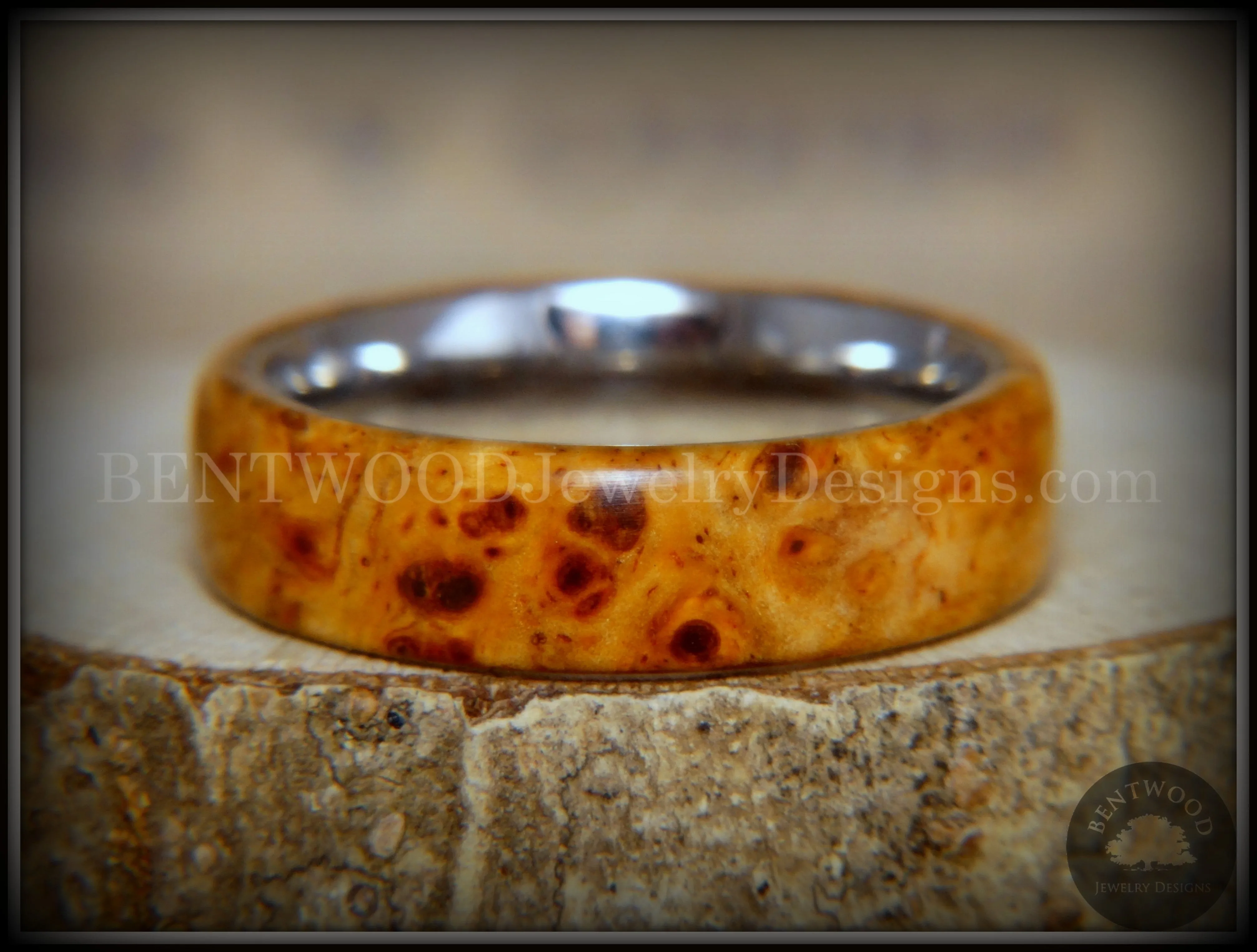 Bentwood Ring - "Rarity" Golden Light Amboyna Burl Wood Ring with Titanium Steel Comfort Fit Metal Core