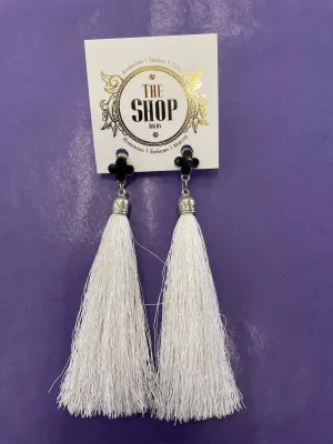 Black Flower White Tassel Earrings