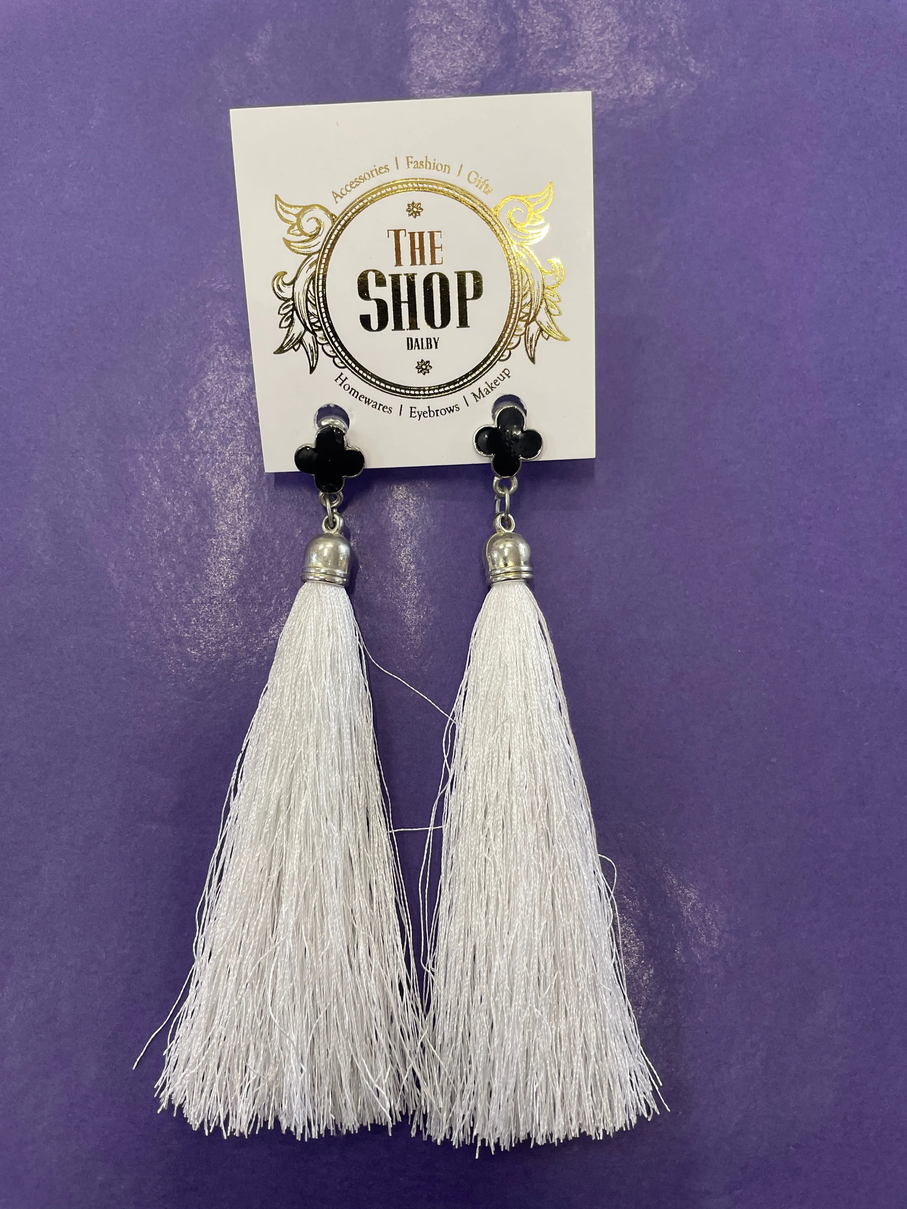 Black Flower White Tassel Earrings
