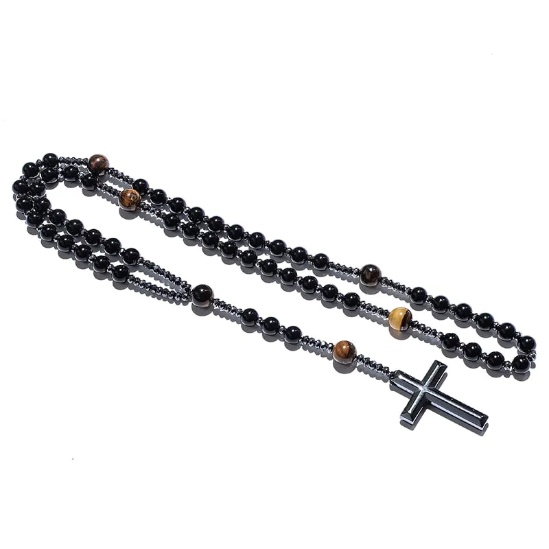 Black Onyx Yellow Tiger Eyes Beaded Catholic Christian Cross Pendant Necklace