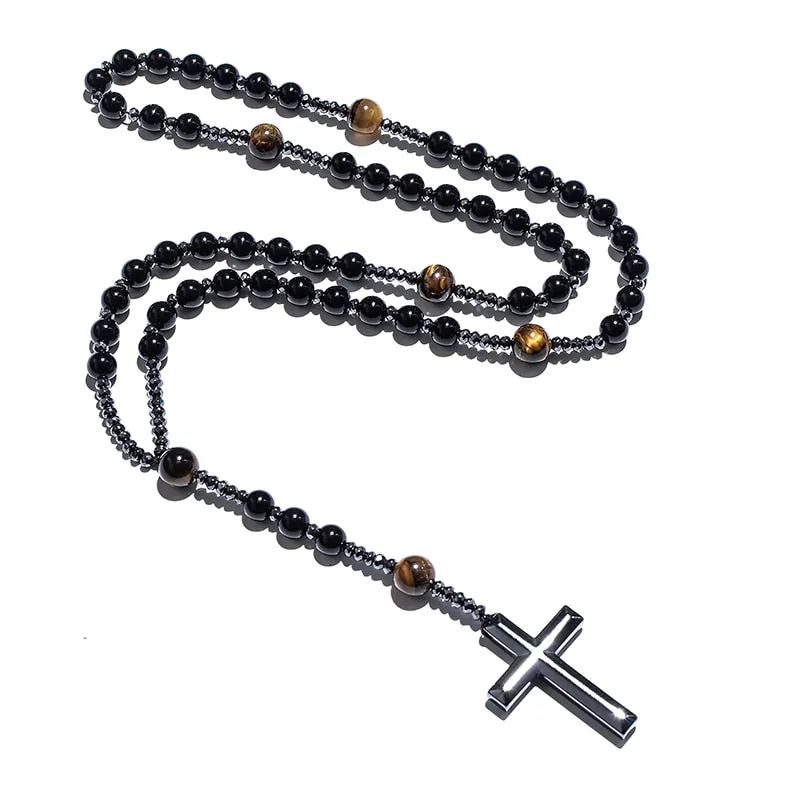 Black Onyx Yellow Tiger Eyes Beaded Catholic Christian Cross Pendant Necklace