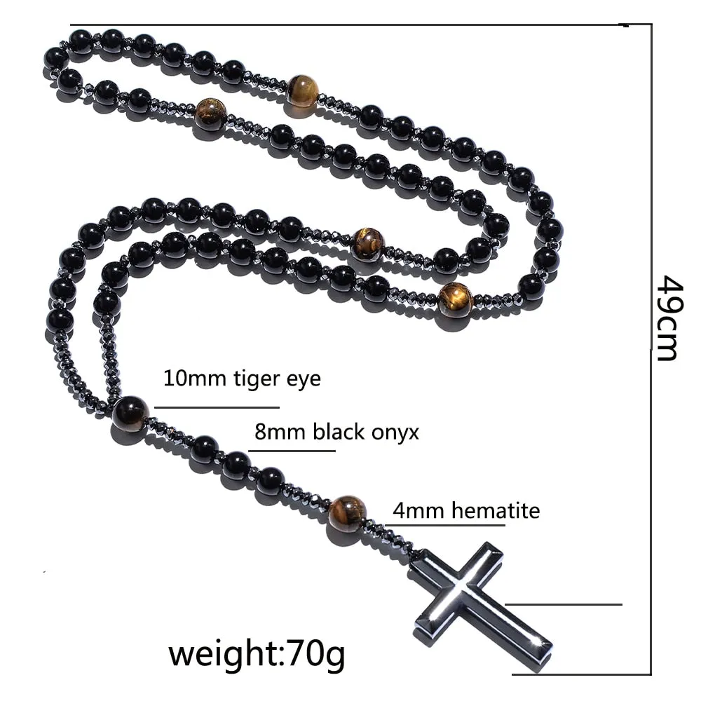 Black Onyx Yellow Tiger Eyes Beaded Catholic Christian Cross Pendant Necklace