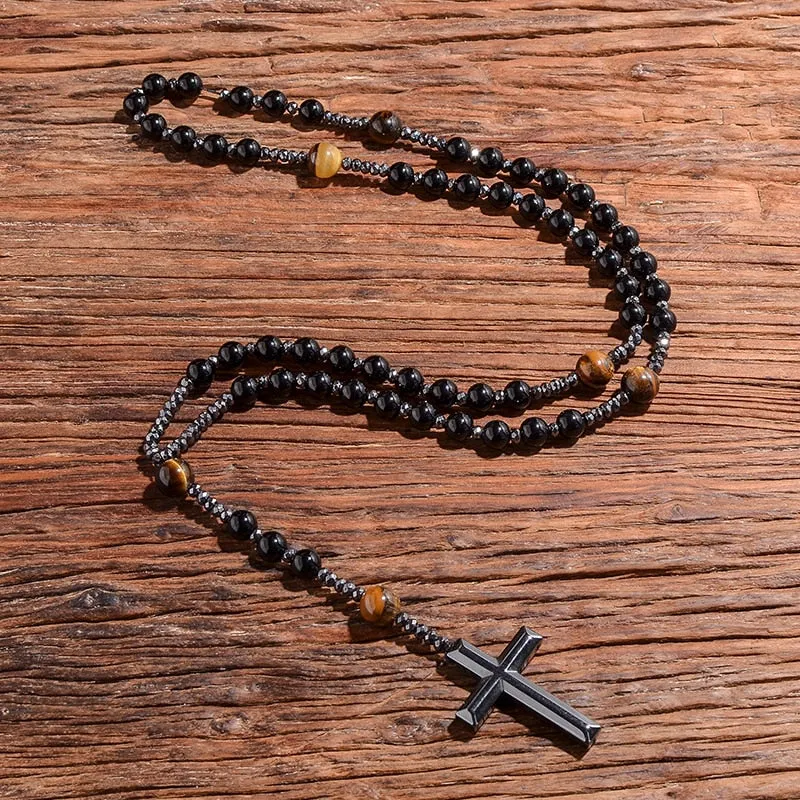 Black Onyx Yellow Tiger Eyes Beaded Catholic Christian Cross Pendant Necklace