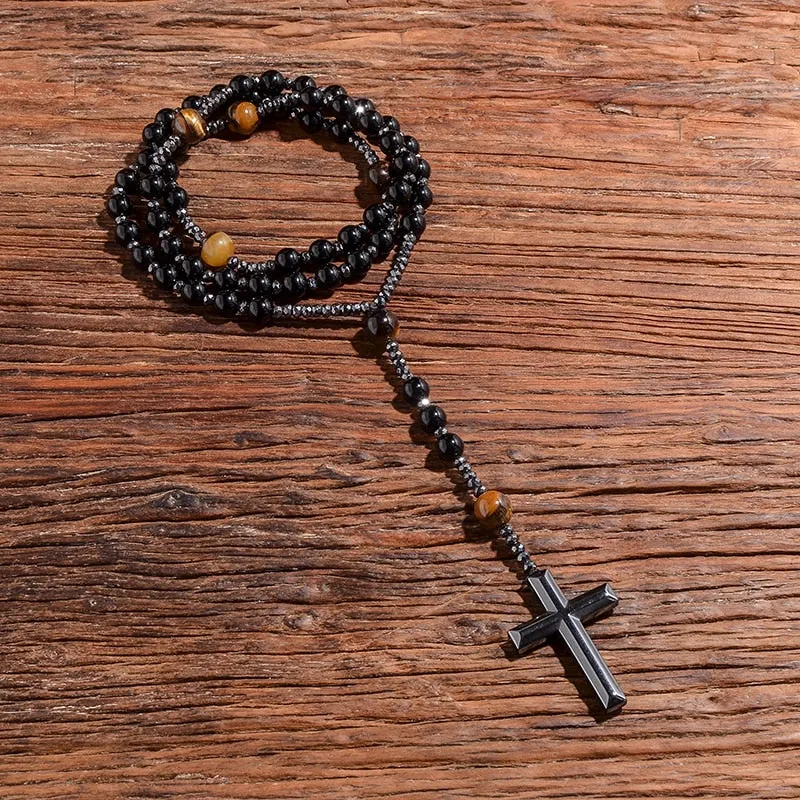 Black Onyx Yellow Tiger Eyes Beaded Catholic Christian Cross Pendant Necklace