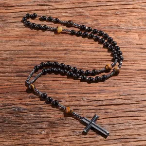 Black Onyx Yellow Tiger Eyes Beaded Catholic Christian Cross Pendant Necklace