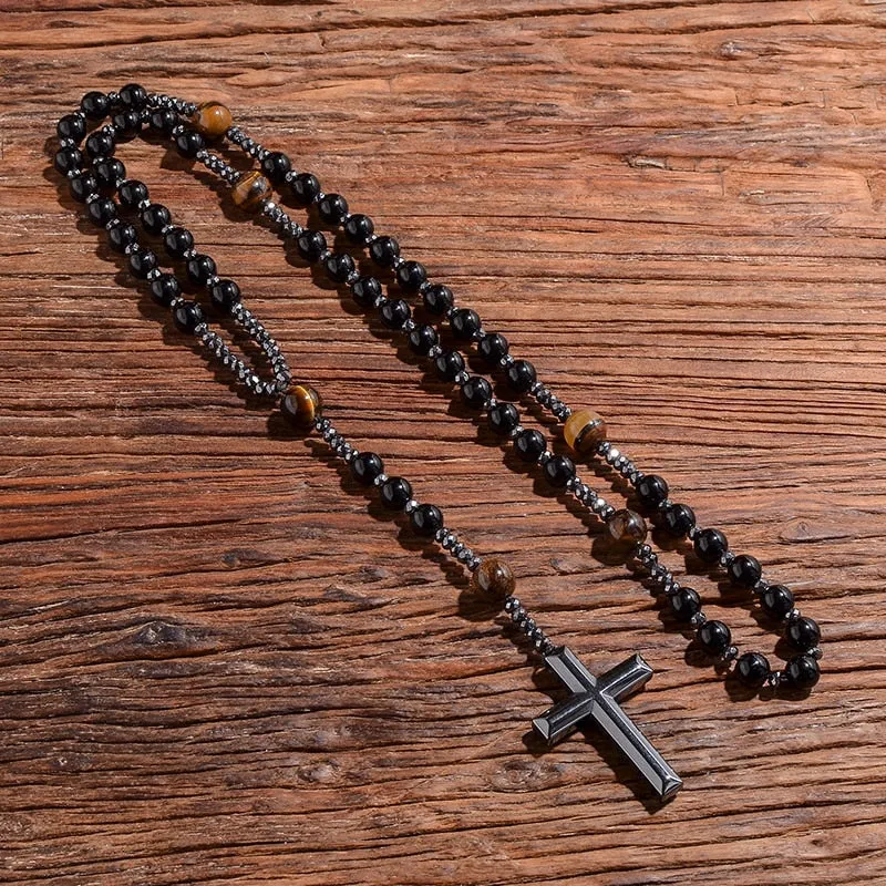Black Onyx Yellow Tiger Eyes Beaded Catholic Christian Cross Pendant Necklace