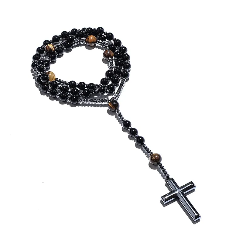 Black Onyx Yellow Tiger Eyes Beaded Catholic Christian Cross Pendant Necklace