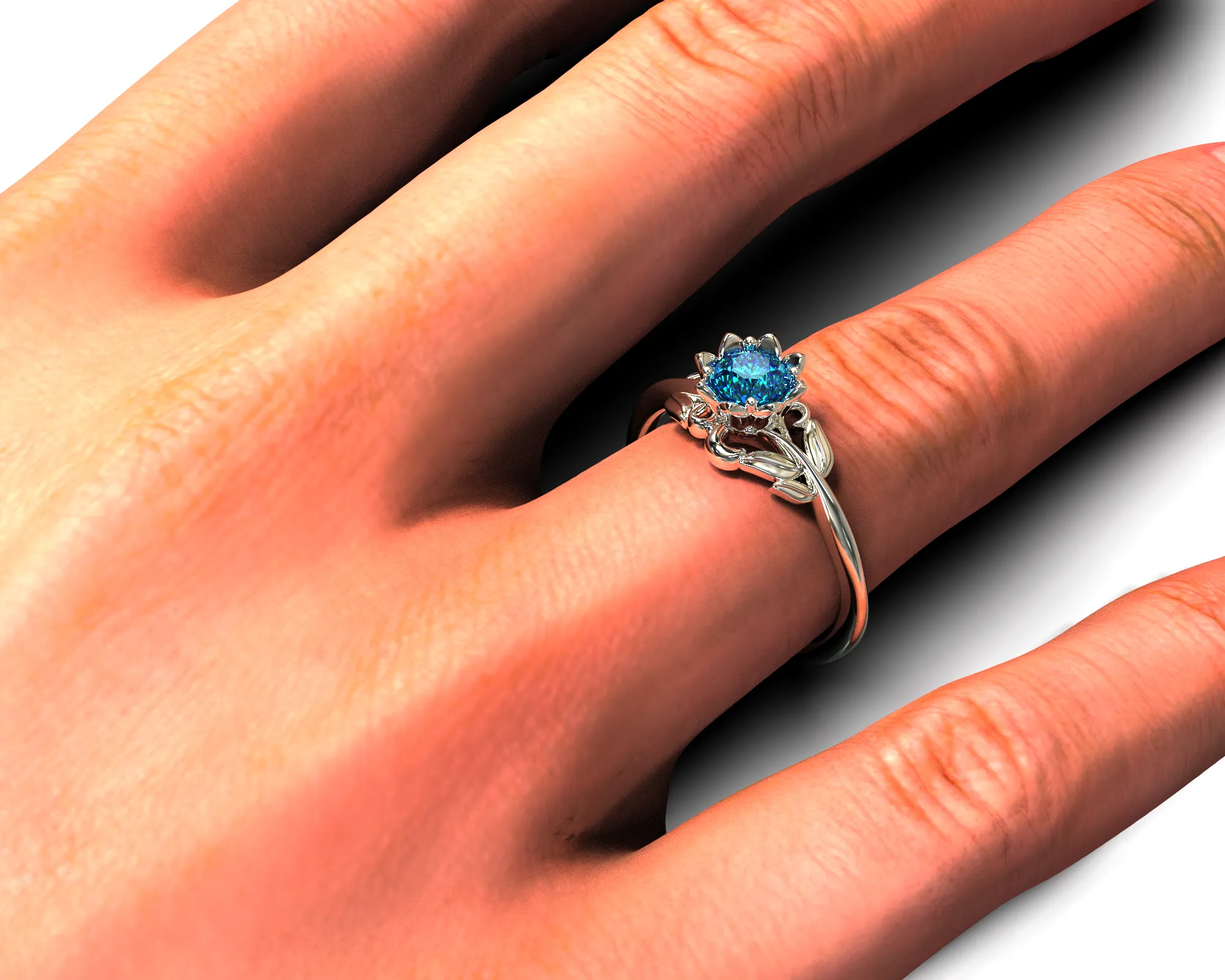 Blue Diamond Flower Engagement Ring With Leaves