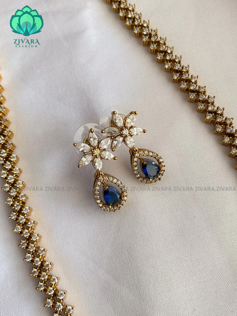 BLUE stone - Motif free- Elegant and stylish gold polish long haaram/neckwear with earrings- Zivara Fashion