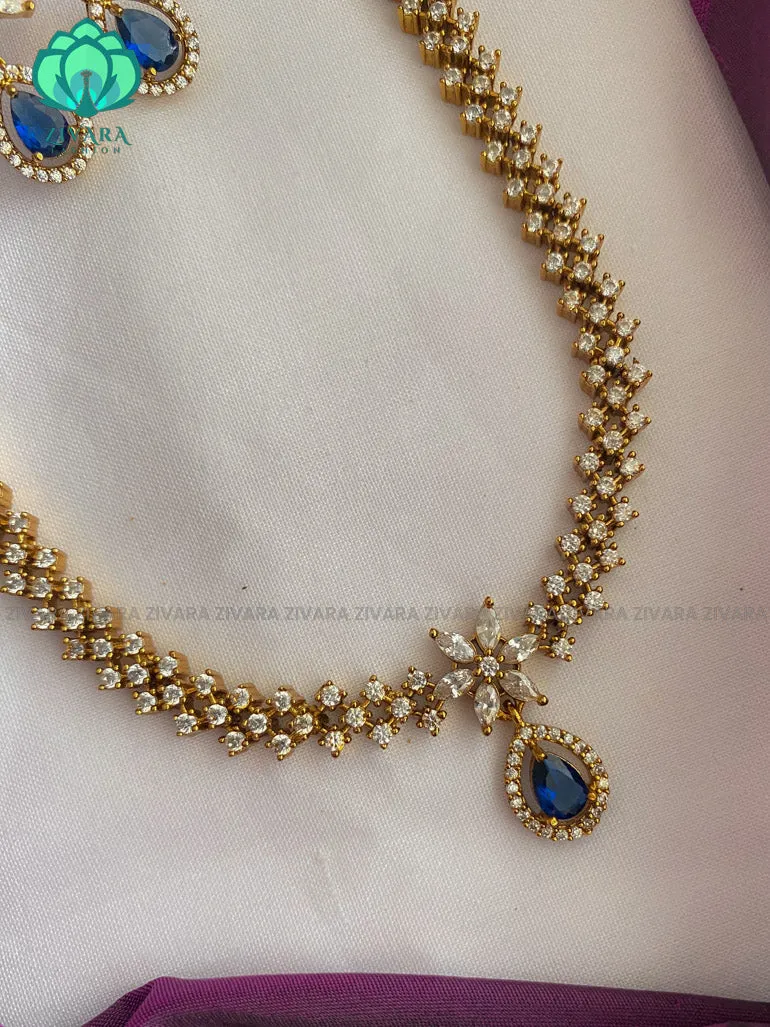 BLUE stone - Motif free- Elegant and stylish gold polish long haaram/neckwear with earrings- Zivara Fashion
