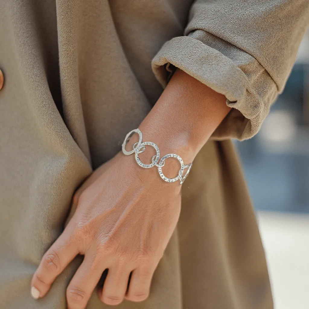 Boho Chic Silver Link Statement Bracelet: Hammered Silver Link Bracelet